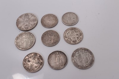 Lot 408 - G.B. - Mixed silver coinage to include Victoria JH Double Florin 1888 GF-AVF, Florins YH 'Godless' 1849 AVF, Gothic 1853 AVF, 1861 AVF, OH 1893 EF 1894 VF, Edward VII Half Crowns 1904 VG-AF, 1908 G...