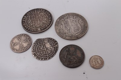 Lot 419 - G.B. - Mixed coinage to include Elizabeth I Six Pence 1594 (N.B. Obv: Clipped at 5 o'clock and slightly creased) otherwise VG, William III Six Pence 1697 GF-AVF, George IV Farthing 1826 EF, Victori...
