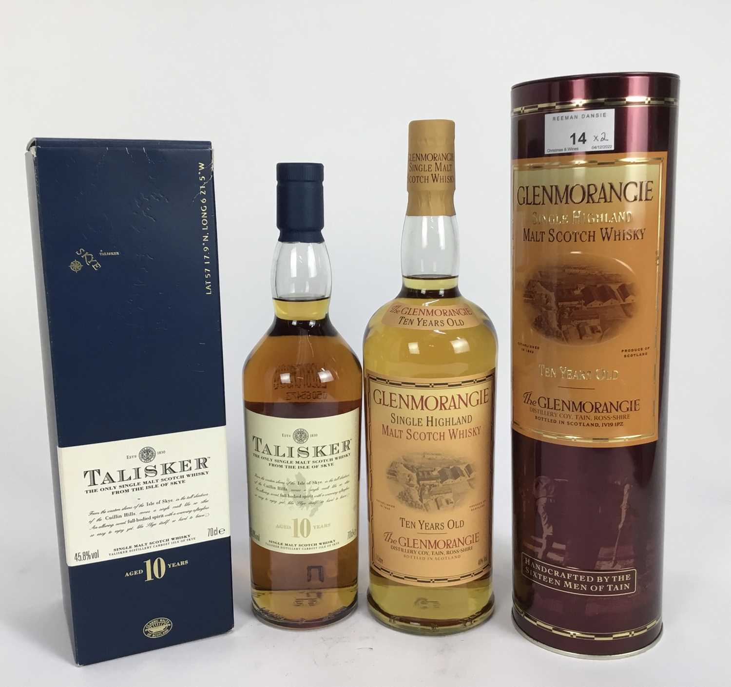 Lot 14 - Whisky - two bottles, Glenmorangie single malt Scotch whisky 1 litre, in presentation tin, and a bottle of Talisker 10 years old single malt scotch whisky 70cl, in card box