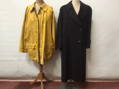 Lot 2068 - Ladies Yellow coated canvas mac size medium and Navy cashmere coat size 12 both by Aquascutum.  A camel trench coat by Austin Reade size 12.  Also a chinese blue silk long dress with side buttons a...