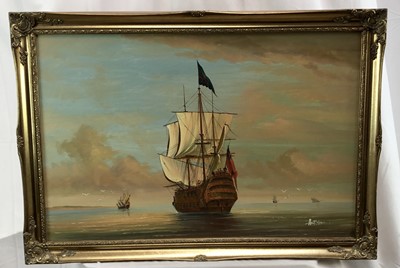 Lot 234 - 18th century style oil on canvas - shipping in calm waters, indistinctly signed, in gilt frame