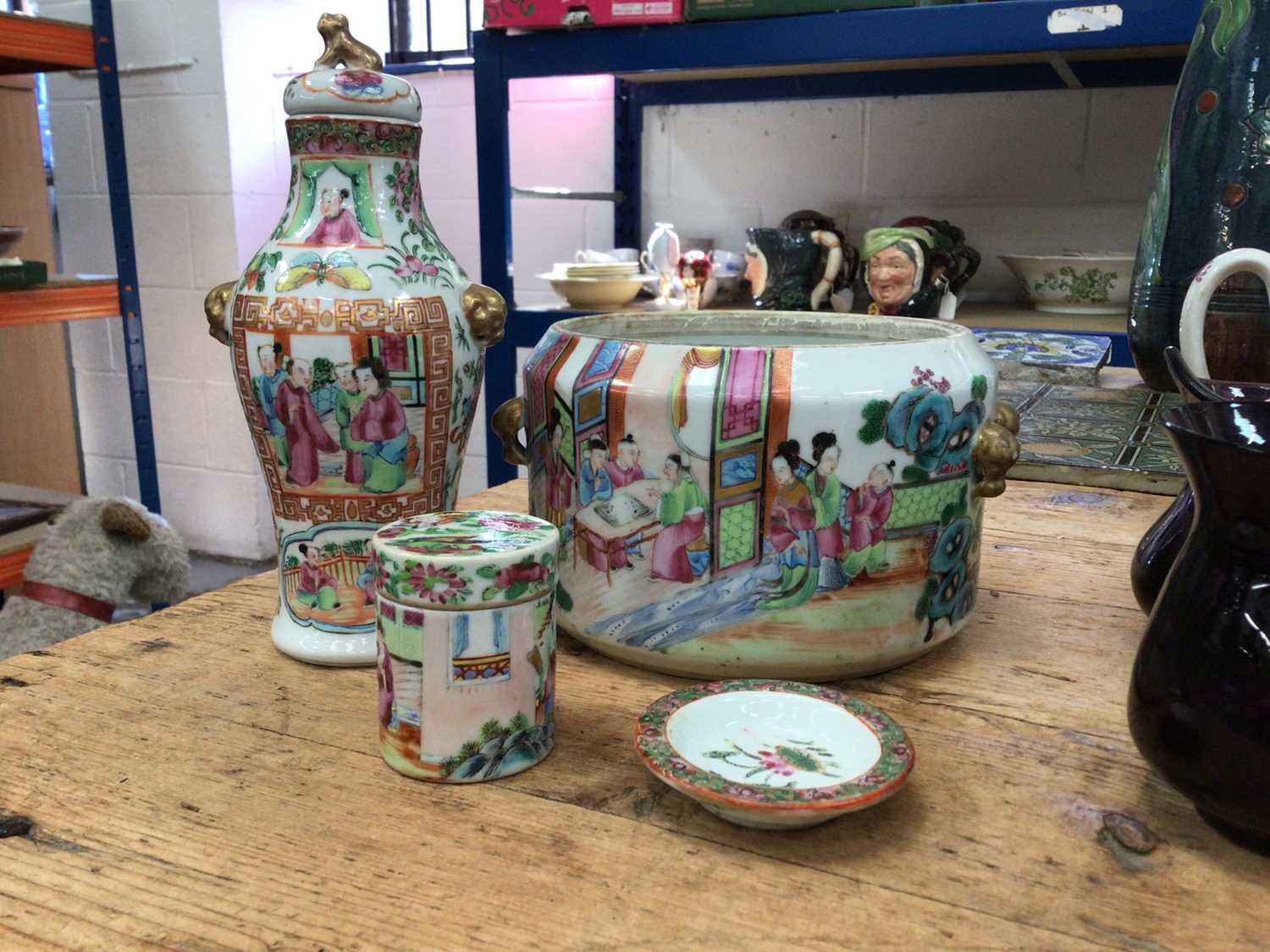 Lot 11 - Chinese Famille Rose vase, pot and cover, stand and bowl (4)