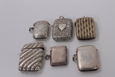 Lot 33 - Victorian silver vesta case, (Birmingham 1893), maker George Unite, together with four other Victorian and later silver vesta cases and one silver plated vesta case, (various dates and makers), all...