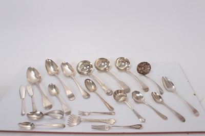 Lot 35 - Three Georgian silver table spoons, together with silver ladles, teaspoons and other flatware (various dates and makers), all at 22ozs