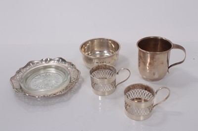 Lot 37 - Edwardian silver sugar bowl (Birmingham 1901), George V silver christening mug (Birmingham 1924), silver and glass butter dish and two silver coffee can holders (various dates and makers), all at 7...