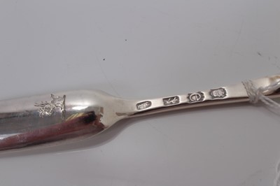 Lot 43 - George II silver double ended marrow scoop, with engraved armorial to underside, (London 1740), maker Marmaduke Daintrey, 23cm in overall length.
