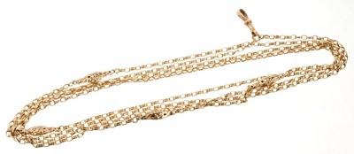 Lot 434 - Victorian gold long chain/guard chain with a long length of belcher and pierced fancy links, approximately 178cm long.