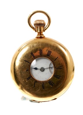 Lot 602 - Late 19th century 18ct gold mid-size half hunter pocket watch with Waltham Royal button-wind movement in 18ct yellow gold case with enamelled monogram to the reverse, 41mm diameter, in box.