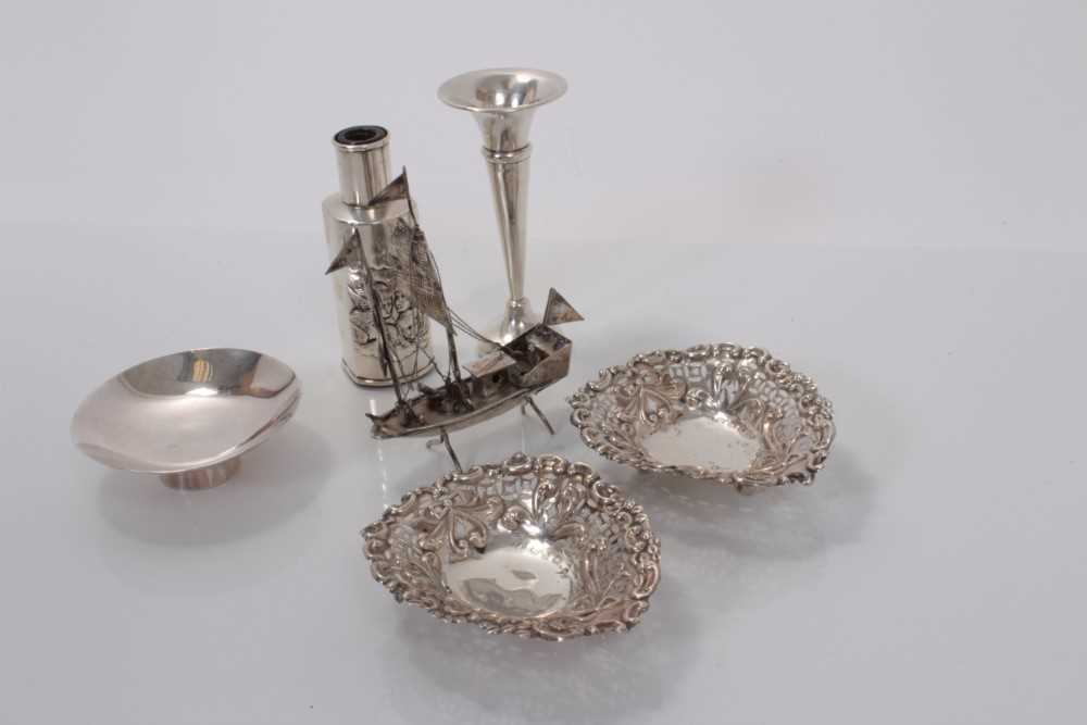 Lot 65 - Group of silver and white metal items to include a Victorian silver scent bottle cover (Birmingham 1898), pair of bonbon dishes, spill vase and other items, (various dates and makers), approximatel...