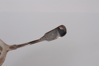 Lot 82 - Victorian silver leaf-shaped caddy spoon with bright cut veins to bowl and shell and fiddle handle, Sheffield 1878, John Round & Sons Ltd. 11cm