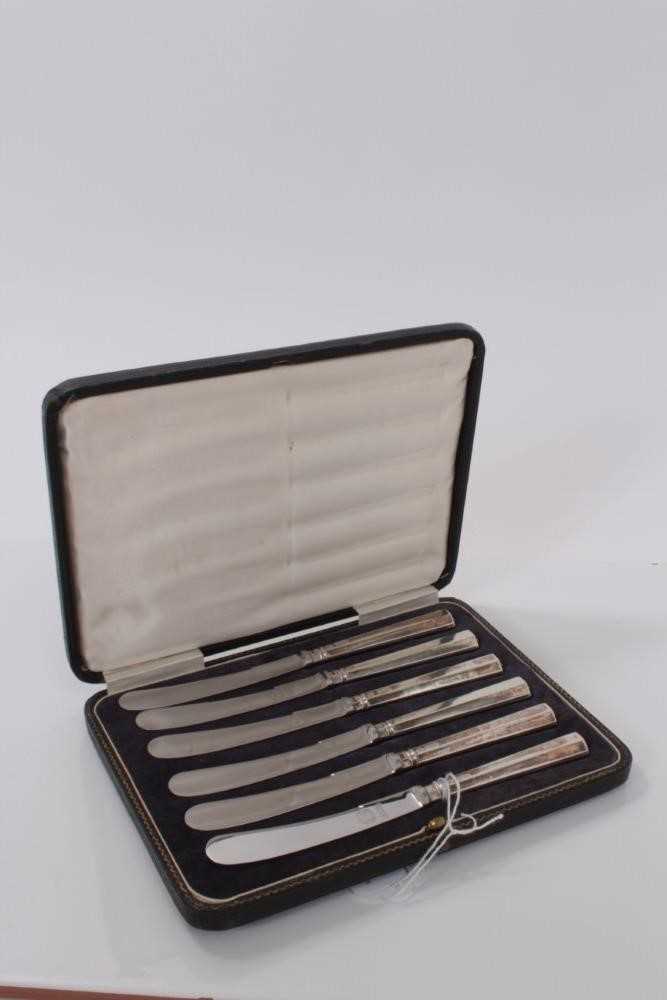 Lot 141 - Set of six George V silver handled tea knives, with stainless steel blades, (Birmingham 1911), in velvet lined fitted case, each knife 17.5cm in overall length.
