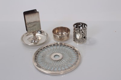 Lot 144 - George V silver overlaid glass teapot stand, (Birmingham 1922), together with a silver scent bottle cover, tea strainer stand and match box holder (various dates and makers), 5ozs of weighable silv...