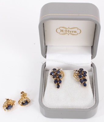 Lot 493 - Two pairs of diamond and sapphire earrings in 18ct gold setting