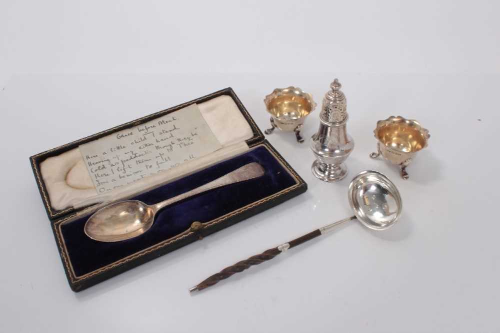 Lot 166 - George III silver toddy ladle, (London 1814), together with a silver spoon in fitted case, pair of silver salt cellars and silver pepperette, 4ozs of weighable silver.
