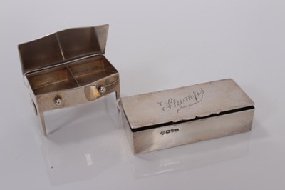 Lot 130 - Edwardian silver triple stamp box, Chester 1901, 8 cm and novelty silver stamp box table, Birmingham 1911, 6 cm (2)