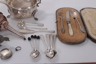 Lot 173 - Collection of silver flatware (various dates and makers), together with a silver plated wine funnel, sauce boat and other silver plated items, 5ozs of weighable silver.