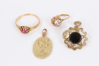 Lot 660 - Gold ring with red stone, two antique earrings, and a Virgin Mary pendant