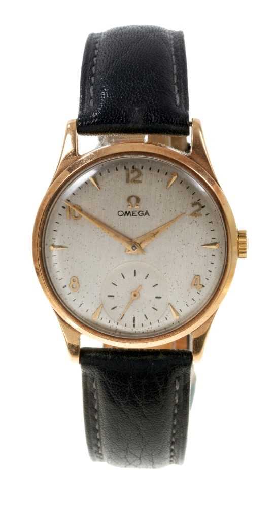 Lot 614 - 1950s gentlemen's Omega 9ct gold wristwatch on leather strap