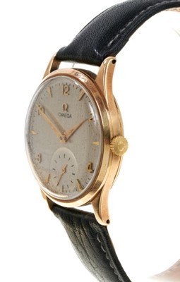 Lot 614 - 1950s gentlemen's Omega 9ct gold wristwatch on leather strap