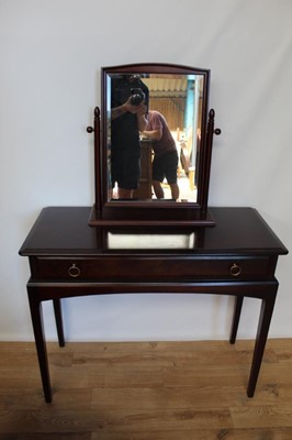 Lot 15 - Stag mahogany bedroom suite comprising double wardrobe, chest of four short and three long drawers, pair of bedside chests, dressing table and dressing mirror, chest of three drawers and another be...