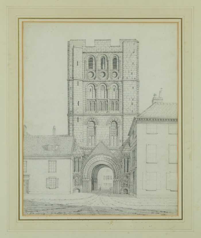 Lot 935 - Crome, early 19th century pencil drawing - West Front at the Saxon Tower, Bury St. Edmunds, in glazed gilt frame, 40.5cm x 32.5cm. Provenance: Appleby Bros. Ltd. Olivers, Sudbury, 26th June 1979. T...