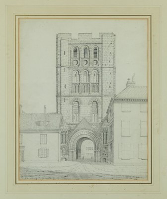 Lot 935 - Crome, early 19th century pencil drawing - West Front at the Saxon Tower, Bury St. Edmunds, in glazed gilt frame, 40.5cm x 32.5cm. Provenance: Appleby Bros. Ltd. Olivers, Sudbury, 26th June 1979. T...