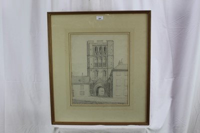Lot 935 - Crome, early 19th century pencil drawing - West Front at the Saxon Tower, Bury St. Edmunds, in glazed gilt frame, 40.5cm x 32.5cm. Provenance: Appleby Bros. Ltd. Olivers, Sudbury, 26th June 1979. T...