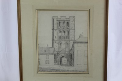 Lot 935 - Crome, early 19th century pencil drawing - West Front at the Saxon Tower, Bury St. Edmunds, in glazed gilt frame, 40.5cm x 32.5cm. Provenance: Appleby Bros. Ltd. Olivers, Sudbury, 26th June 1979. T...