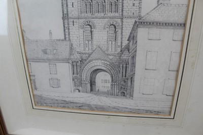Lot 935 - Crome, early 19th century pencil drawing - West Front at the Saxon Tower, Bury St. Edmunds, in glazed gilt frame, 40.5cm x 32.5cm. Provenance: Appleby Bros. Ltd. Olivers, Sudbury, 26th June 1979. T...