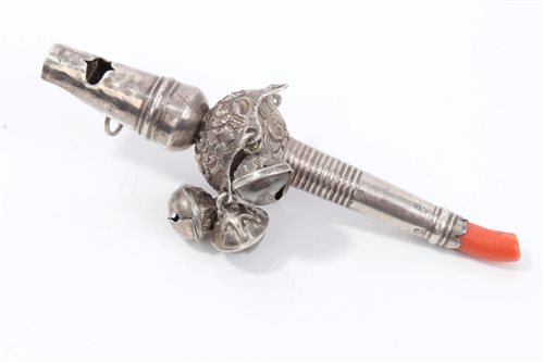 Lot 523 - William IV Silverer child's rattle with...