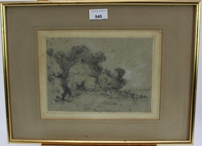 Lot 940 - East Anglian School pencil drawing - trees in landscape with a gate, unsigned, in glazed gilt frame, 16.5cm x 22.5cm (foxed). Provenance: Olivers, Sudbury, 26th June 1979. The Norman Baker Collecti...