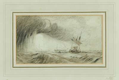 Lot 938 - John Sell Cotman (1782-1842) pencil and wash - shipping in stormy seas, apparently unsigned, in glazed gilt frame, 12.5cm x 22cm. Provenance: Olivers, Sudbury, 26th June 1979. The Norman Baker Coll...