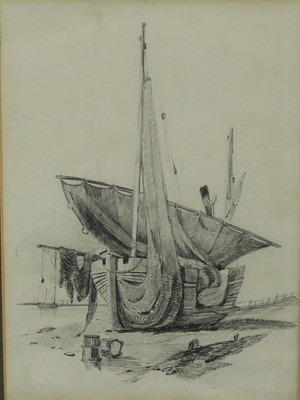 Lot 945 - Norwich School, 19th century, pencil drawing - boats and nets drying, 24cm x 17.5cm. Provenance: Olivers, Sudbury, 26th June 1979. The Norman Baker Collection