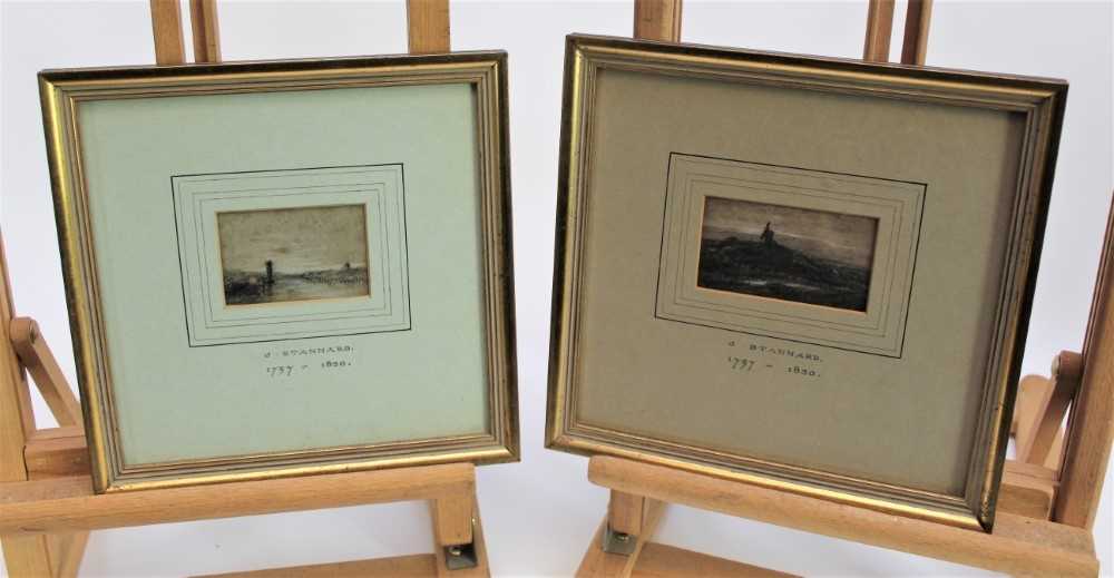 Lot 93 - Joseph Stannard (1797-1830) two coloured chalks and charcoal on paper – windmill in landscape and a wherry on the river, in glazed gilt frames, 5cm x 8.5cm and 5cm x 7.5cm. Provenance: Olivers, Sud...