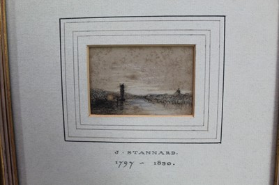 Lot 93 - Joseph Stannard (1797-1830) two coloured chalks and charcoal on paper – windmill in landscape and a wherry on the river, in glazed gilt frames, 5cm x 8.5cm and 5cm x 7.5cm. Provenance: Olivers, Sud...