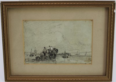 Lot 937 - Thomas Lound (1802-1861) pencil drawing - figures on the beach with a cart, in glazed frame, 6cm x 9cm. Provenance: Olivers, Sudbury, 26th June 1979. The Norman Baker Collection