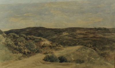 Lot 944 - J.Middleton watercolour - moorland landscape, in glazed gilt frame, 29cm x 46cm (Slipped in frame, discoloured). Provenance: Olivers, Sudbury, 26th June 1979. The Norman Baker Collection