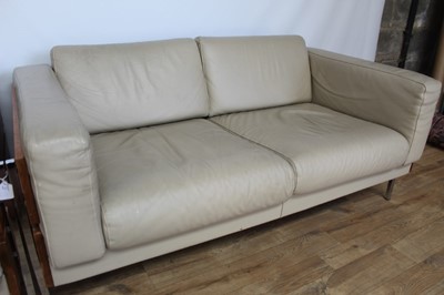 Lot 32 - Pair of good quality Habitat Robin Day Forum two seater leather sofas with hardwood and chrome frames, 147cm wide, 80cm deep, 68cm high