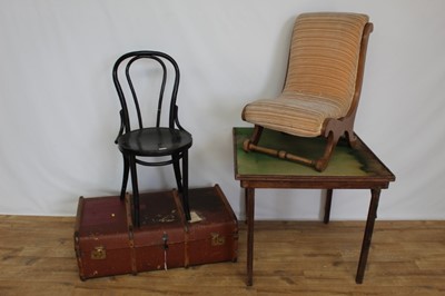 Lot 36 - Victorian nursing chair, bentwood chair, folding card table and a vintage trunk (4)