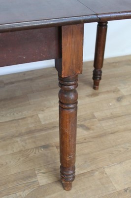 Lot 46 - Nineteenth century mahogany drop leaf table on turned legs, opening to 145cm x 107cm