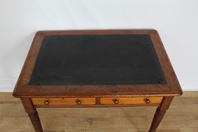 Lot 55 - Victorian mahogany writing table with leather lined top and two drawers on turned legs, 91cm wide, 60cm deep, 74cm high
