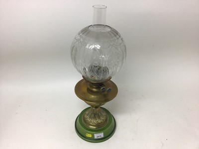 Lot 2415 - Edwardian brass oil lamp with etched glass shade and ceramic base, by Wright & Butler, Birmingham.