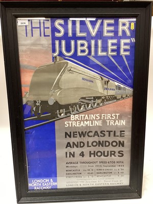 Lot 2636 - Original L.N.E.R. poster- "The Silver Jubilee", Britain's First Streamline Train, Newcastle and London in 4 Hours, mounted in glazed frame 84 x 56.5cm overall