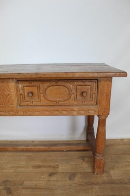 Lot 60 - Solid oak sideboard with two drawers on turned legs joined by stretchers, 160cm wide, 60cm deep, 84cm high