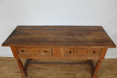 Lot 60 - Solid oak sideboard with two drawers on turned legs joined by stretchers, 160cm wide, 60cm deep, 84cm high