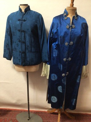 Lot 2096 - Vintage Chinese blue silk brocade jacket by Dolls House size small, two Chinese silk hostess dresses with manderine collars and a reversable silk brocade coat with fabric fastenings. Plus an Ottoma...