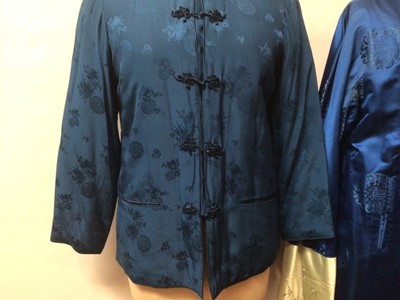 Lot 2096 - Vintage Chinese blue silk brocade jacket by Dolls House size small, two Chinese silk hostess dresses with manderine collars and a reversable silk brocade coat with fabric fastenings. Plus an Ottoma...