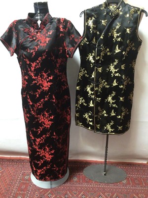Lot 2096 - Vintage Chinese blue silk brocade jacket by Dolls House size small, two Chinese silk hostess dresses with manderine collars and a reversable silk brocade coat with fabric fastenings. Plus an Ottoma...