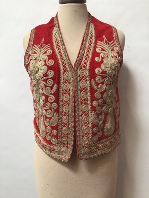 Lot 2096 - Vintage Chinese blue silk brocade jacket by Dolls House size small, two Chinese silk hostess dresses with manderine collars and a reversable silk brocade coat with fabric fastenings. Plus an Ottoma...