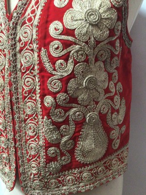 Lot 2096 - Vintage Chinese blue silk brocade jacket by Dolls House size small, two Chinese silk hostess dresses with manderine collars and a reversable silk brocade coat with fabric fastenings. Plus an Ottoma...